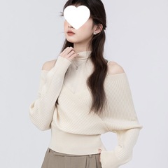 法式拼接露肩针织衫女秋季气质设计感小众半高领外穿打底甜美上衣