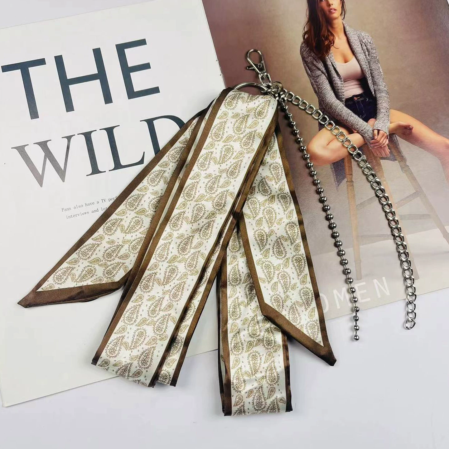 Trouser Chain and Scarf Accessory Set, Silver Pants Chain with Silk Bandana