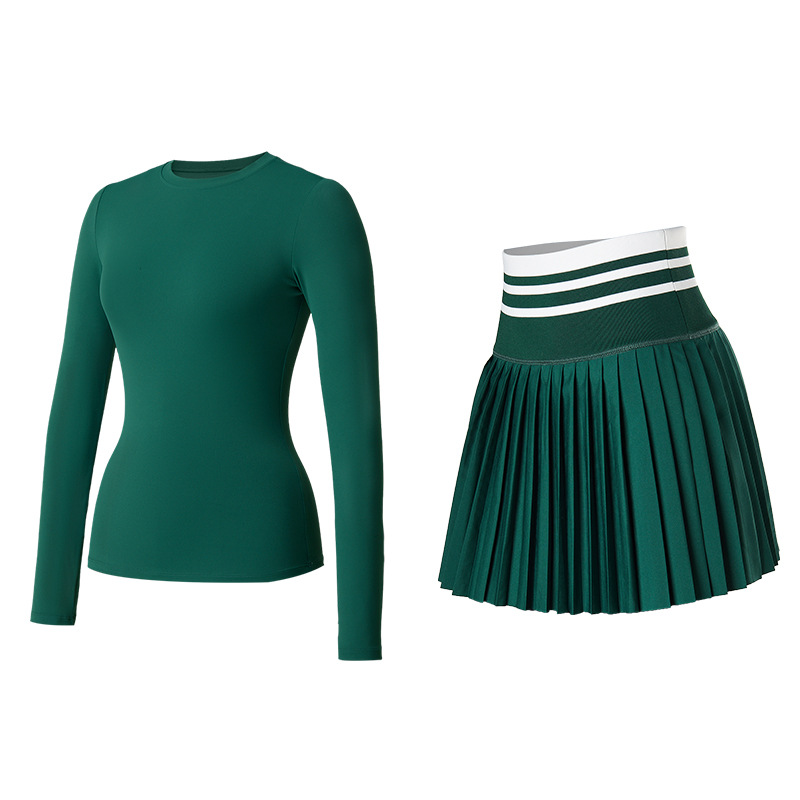 Trajes deportivos, ropa de yoga, mangas largas, falda de tenis de cintura alta, blusa delgada para correr, ejercicio y fitness, dos piezas.