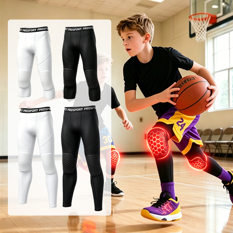 Children's honeycomb anti-collision pants, soccer and basketball 7/8 sports pants, breathable high-elastic base layer tight pants, training pants, long pants
