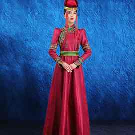 蒙古族刺绣立领长袖女士蒙古袍长裙民族舞蹈时尚晚礼服成人款帽子