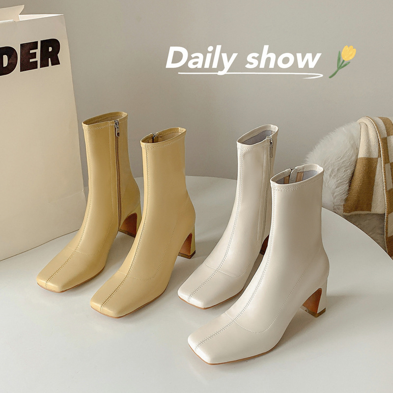 Super soft sheepskin Korean style cream color goddess fan inside and outside full leather thin boots 2022 autumn and winter thick high heel square toe ankle boots Super soft sheepskin Korean style cream color goddess fan inside and outside full leather thin boots 2022 autumn and winter thick high heel square toe ankle boots