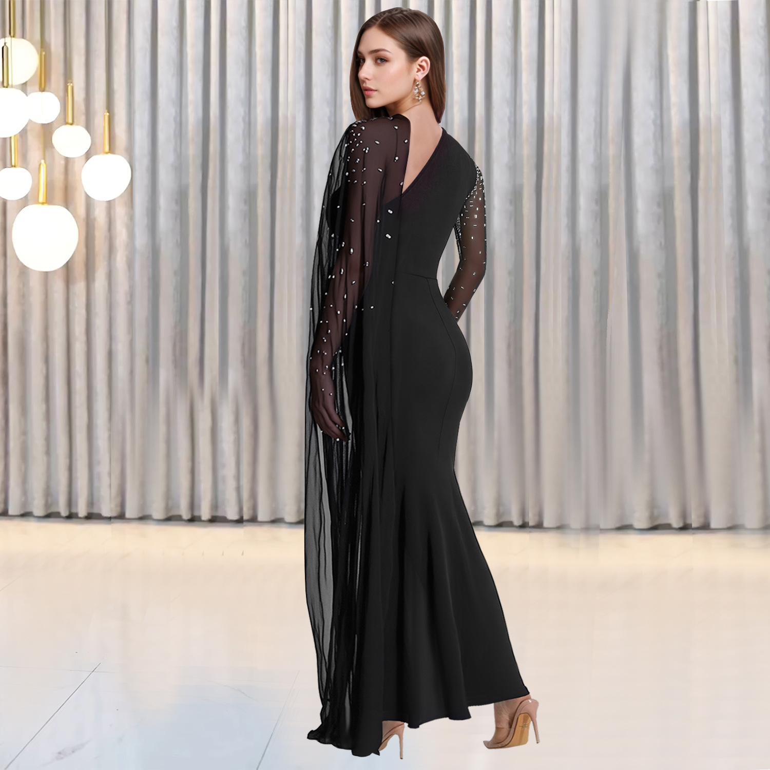 C7397 Cross-border AliExpress Amazon Moda europea y americana Vestido de diamantes calientes de malla sexy image 4