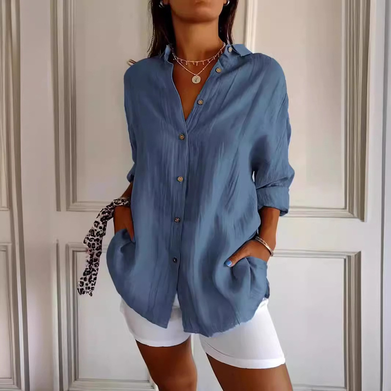 2026 New Style Single-Breasted Pleated Lapel Shirt, Popular on Independent Platforms, Women's Solid Color European and American Style Top with Roll-Up Sleeves