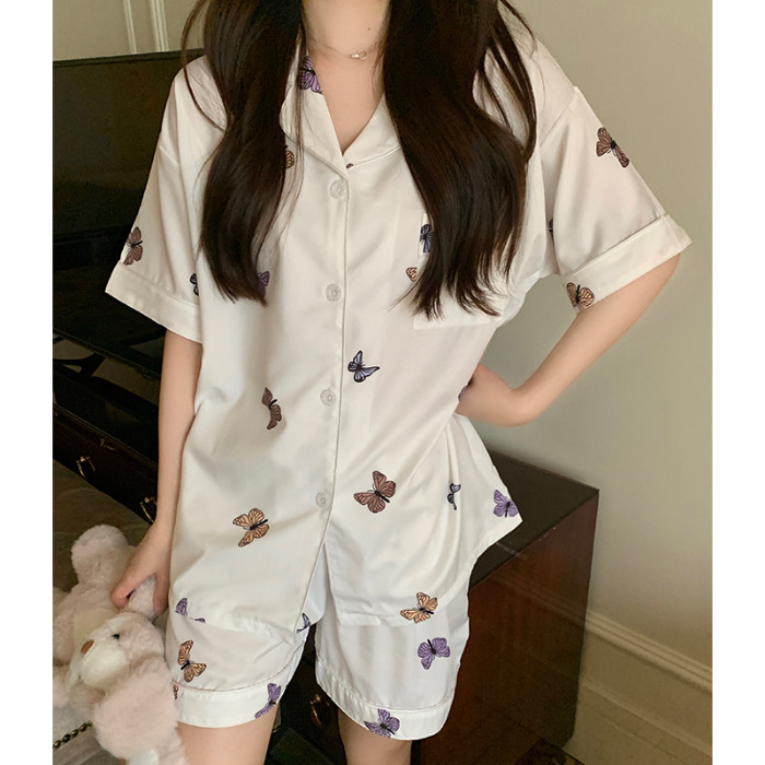 Pijamas de algodón de verano, chicas dulces estudiantes, cardigan de manga corta, pantalones cortos de dibujos animados, ropa para el hogar se puede usar fuera