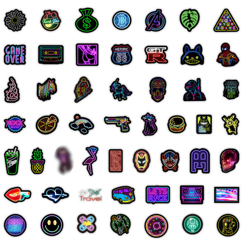 50 Neon Graffiti Stickers Car Water Cup Laptop Computer Stickers Waterproof Handbook Stickers Wholesale