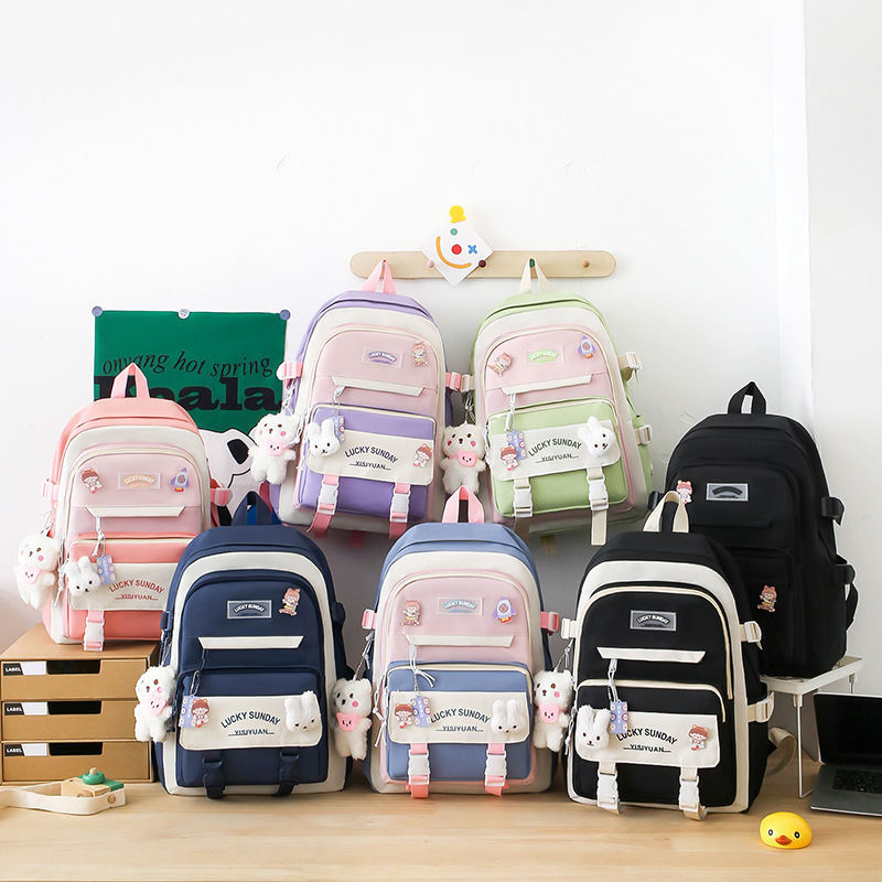 Five-Piece Set of Schoolbags for Female Elementary School Students, Fresh and Stylish, Large Capacity, Middle School and High School Backpacks, Weight-Reducing and Spine-Protecting