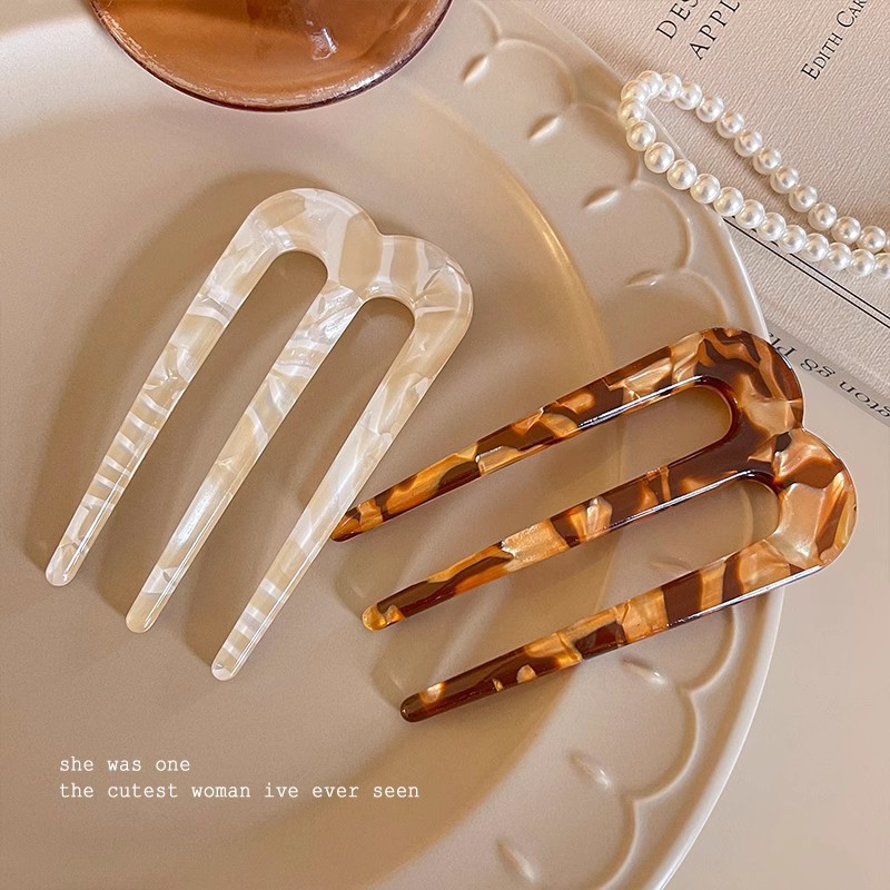 Peine de tres dientes de ácido acético retro horquilla en forma de U femenina plato de temperamento perezoso horquilla en la parte posterior de la cabeza bola cabeza artefacto fijo