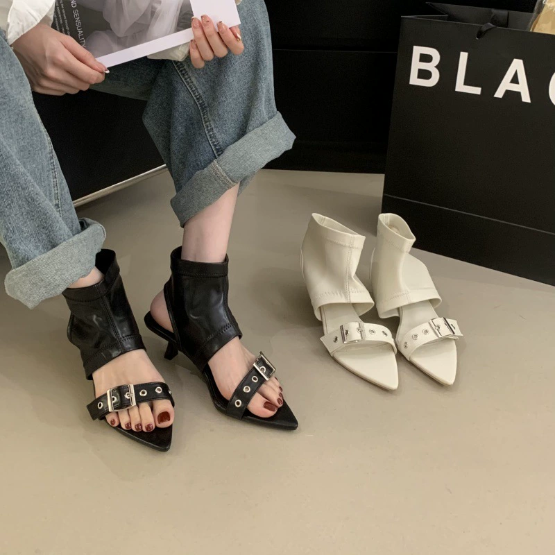 Женские босоножки-стилето с заострённым носком, лето 2025, новые, открытые, римские сандалии с пряжкой, универсальные короткие ботинки