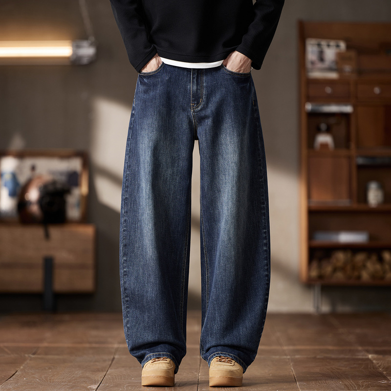 Plus-size men's autumn new vintage washed curved cut jeans, loose fit, trendy brand, stretchy wide-leg straight pants Plus-size men's autumn new vintage washed curved cut jeans, loose fit, trendy brand, stretchy wide-leg straight pants