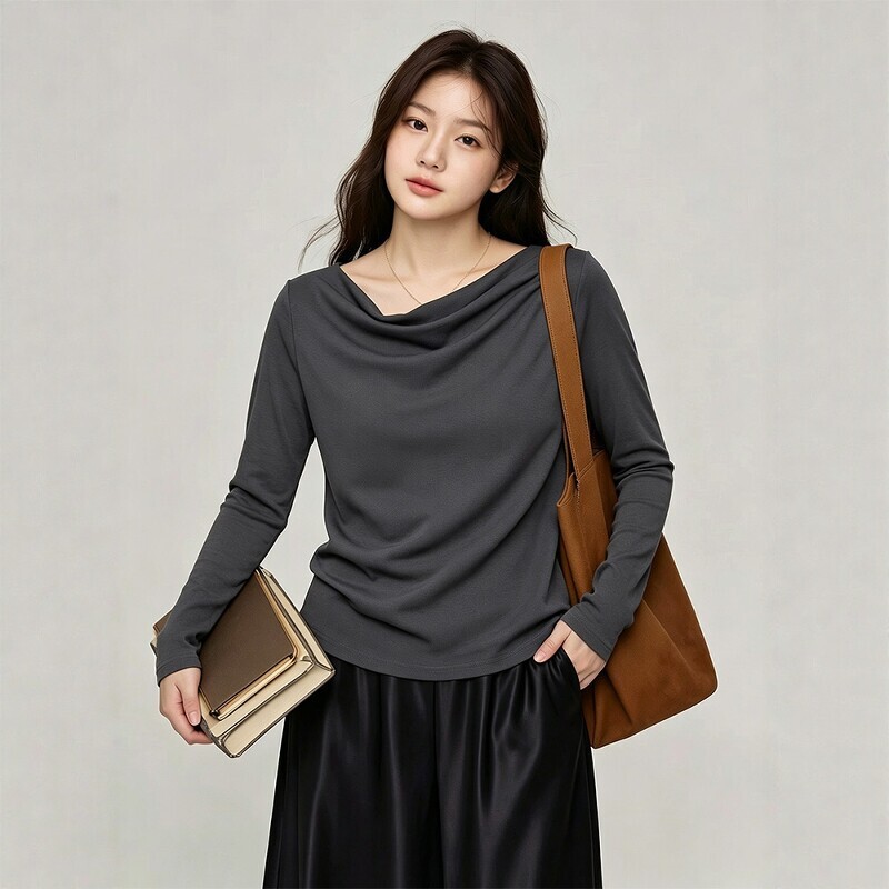 Plus size 100kg plus-size goddess style long-sleeve turtleneck t-shirt for women, tencel blend cotton, high-end feel, 3737