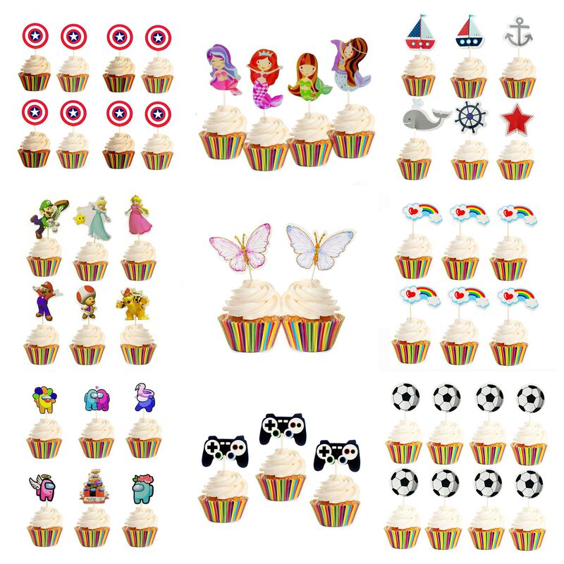 Baking Paper Cups, Dessert Cake Inserts, Double-Sided Toothpicks, Small Flags, Kidsren's Birthday Party Decoration Supplies