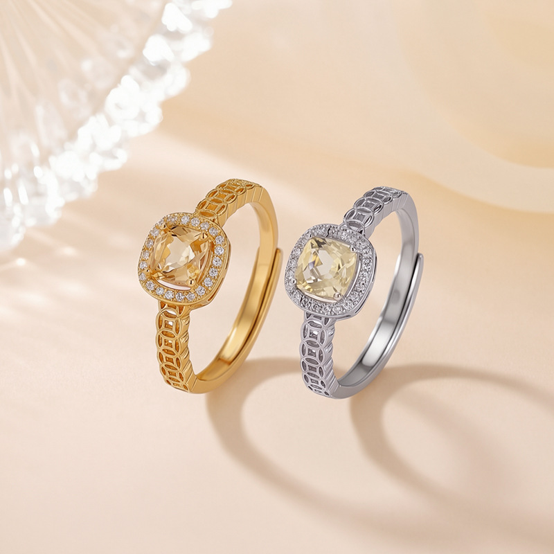 Nhẫn nữ bạc S925 mạ vàng đính đá cubic zirconia hình vuông mặt xu, kiểu mở điều chỉnh — Loại bạc