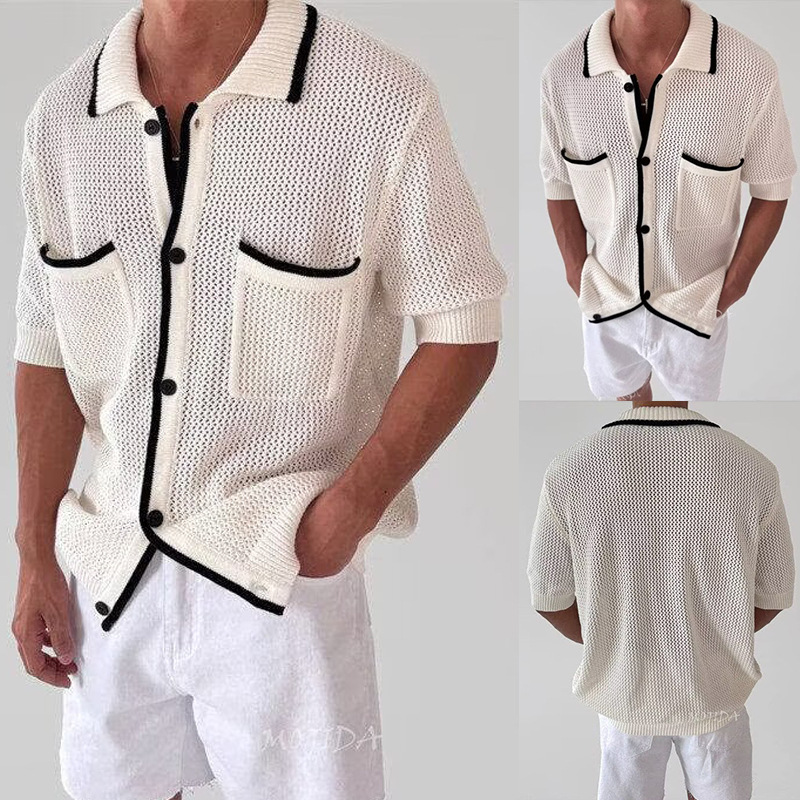 Polo camiseta de punto camiseta de manga corta camiseta con solapa cardigán hombre pequeño bolsillo de viento fragante viejo viento verano fábrica transfronteriza al por mayor