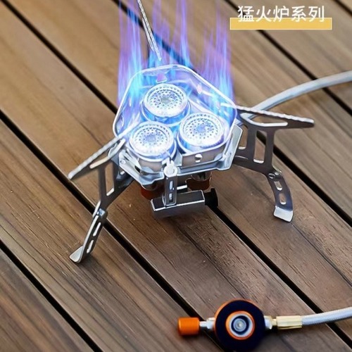 Outdoor portable three-burner stove for picnics, mountaineering, windproof stove, camping equipment Menghuo gas stove, self-driving travel car stove