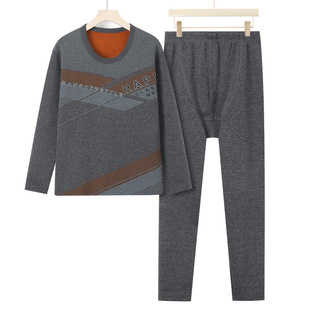 Dad winter thermal underwear suit Grandpa autumn and winter round neck autumn clothes long pants middle-aged and elderly men fleece-lined thickened