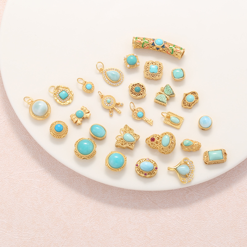 Raw Turquoise S925 Silver Gold-Plated Heart-Shaped Four-Leaf Clover Round Butterfly Pendant Spacer Bead DIY T6