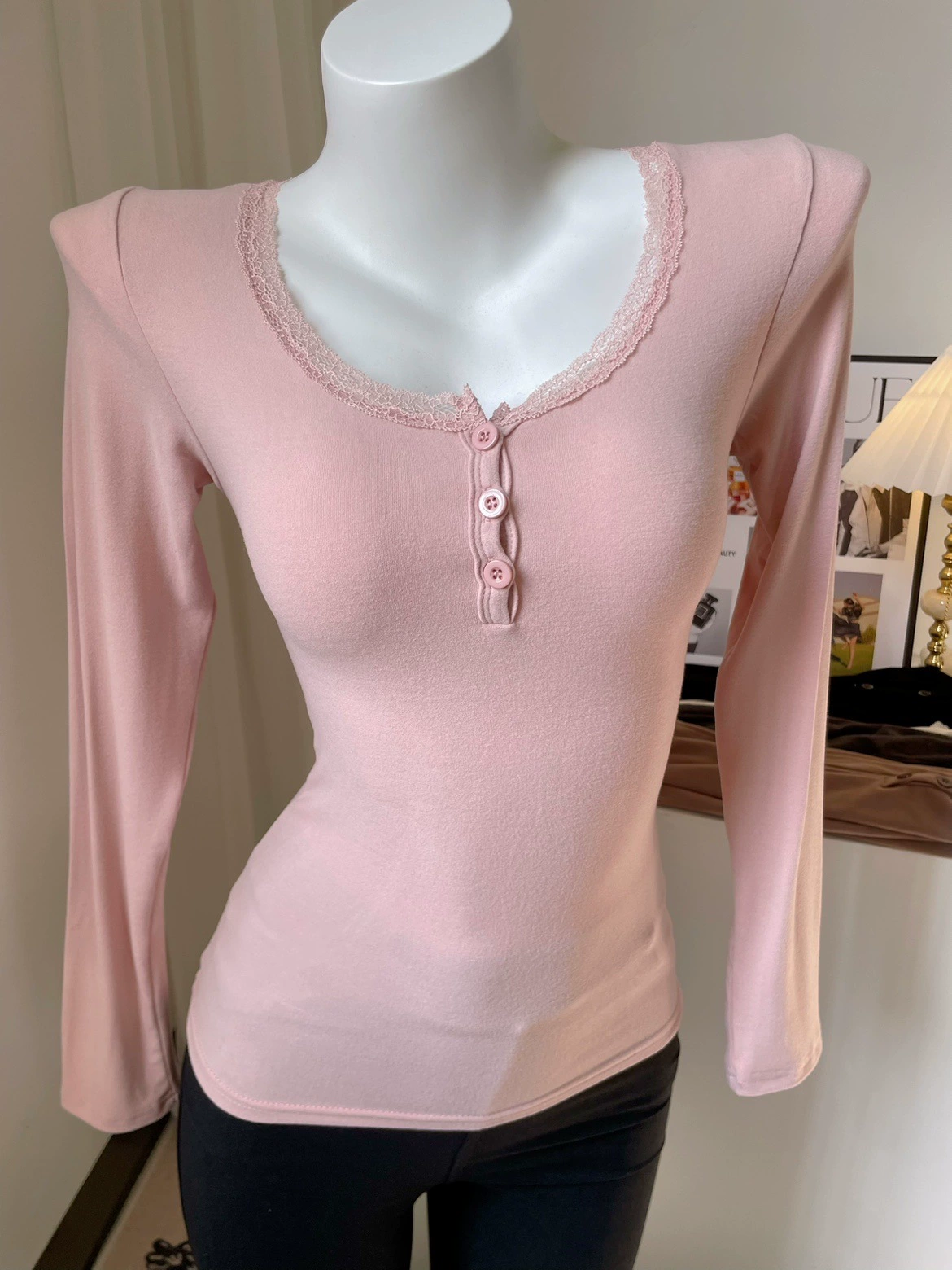 First Love Кружевная футболка в тон Pure Desire на пуговицах с длинными рукавами и круглым вырезом, базовый слой, футболка для женщин, осень и зима