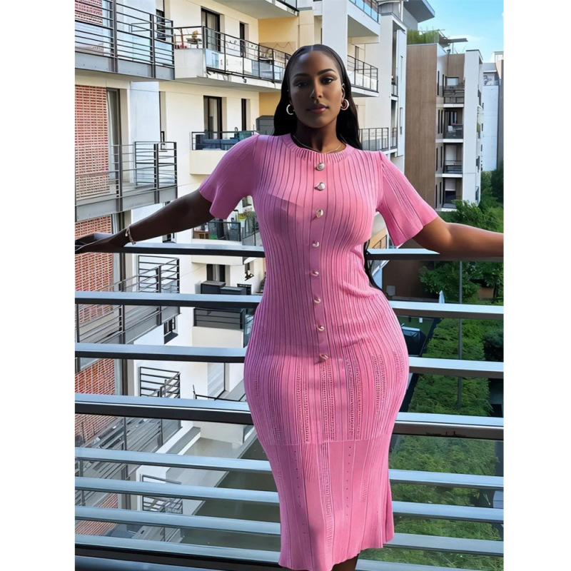 2026 Spring/Summer New European and American Style Short-Sleeve Knitted Dress, Elegant Bodycon Dress, African Women's Clothing, in Stock Wholesale