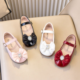 Summer fashionable glossy children's shoes with bow with rhinestones for events, ideal for evening dresses, spring 2026 collection, soft sole, princess style