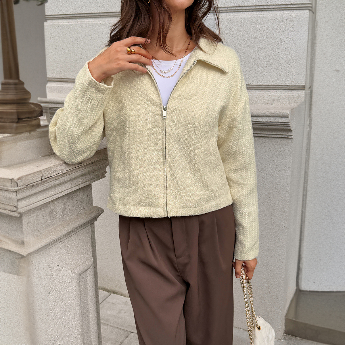 Women's Casual Long Sleeve Jacket – Lightweight Wrinkle-Free Coat With Stand Collar & Zip Front (S-XL, Beige)_ecoleips.com