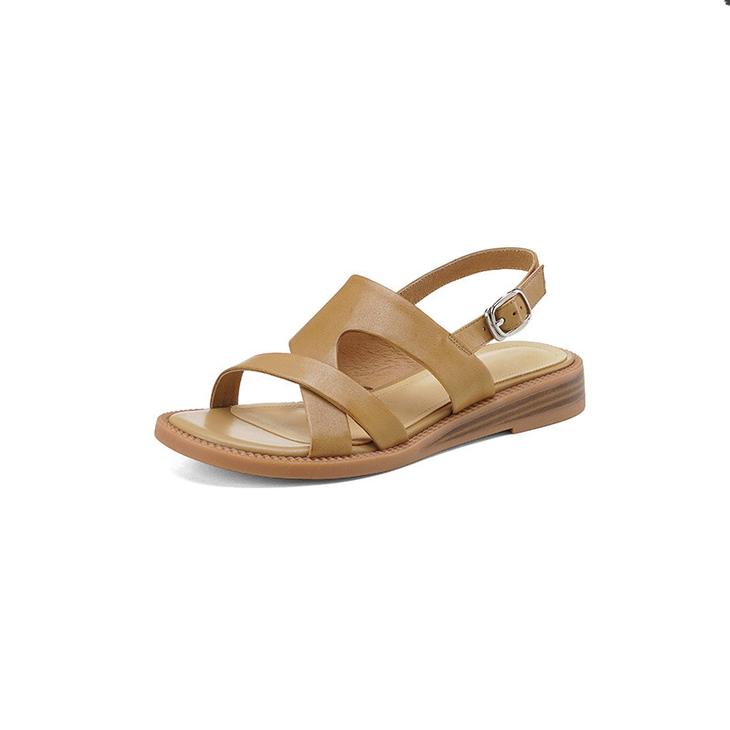 Sandal nữ quai ngang da bò đế bệt phong cách La Mã — Màu trắng nhạt