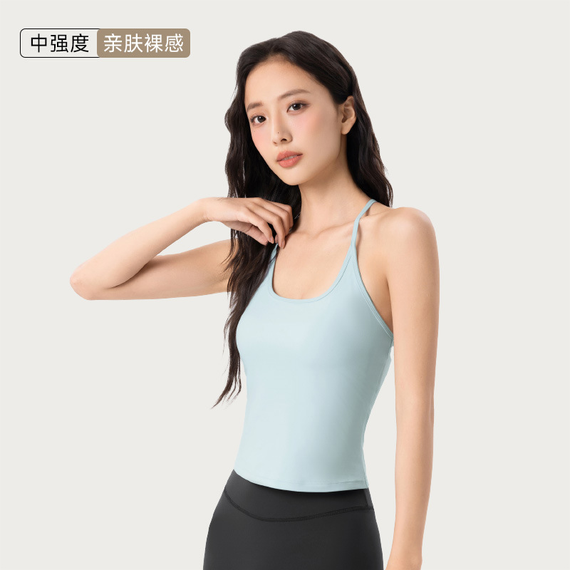 工字美背瑜伽背心外穿亲肤裸感小U领吊带背心带胸垫运动健身上衣|undefined