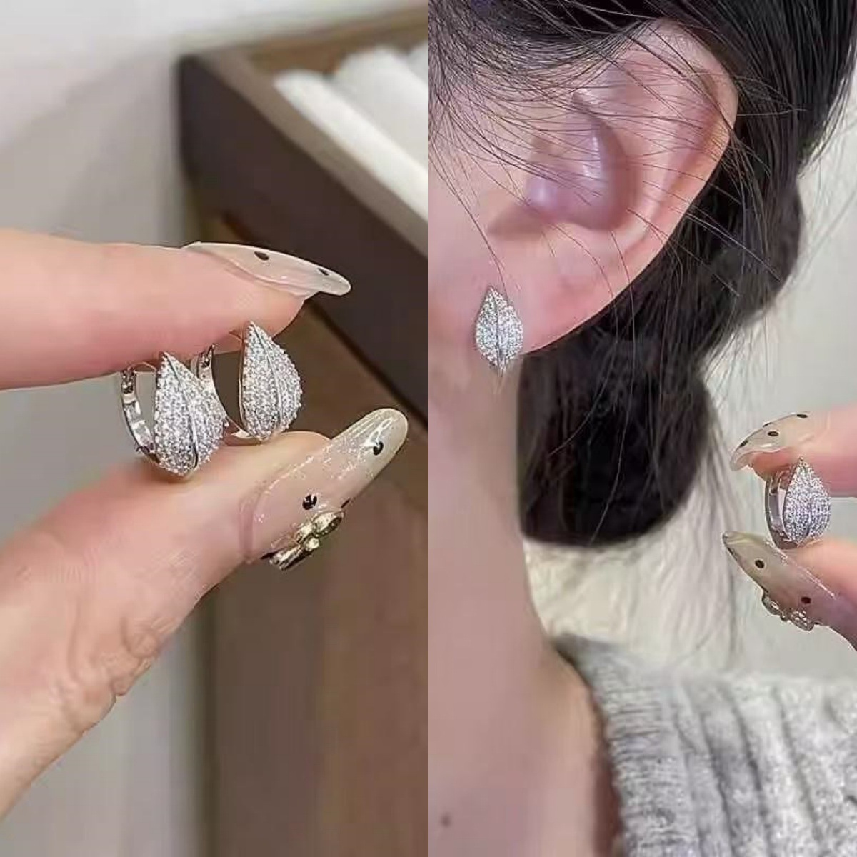 Full-diamond leaf earrings for women, niche design, high-end feel, light luxury, elegant ear hoops, versatile ear studs and accessories