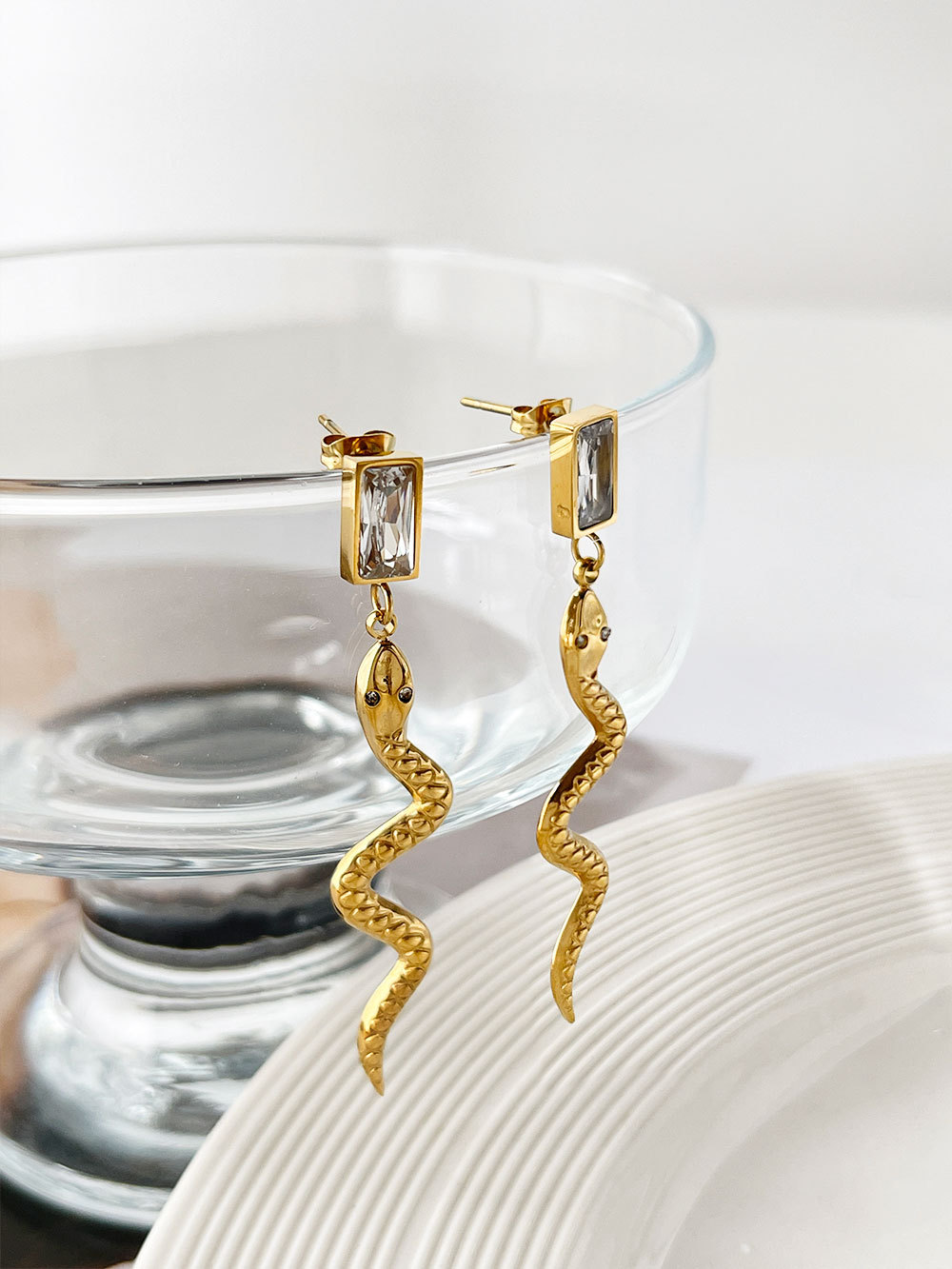 Fashion Snake Stainless Steel Plating Inlay Zircon Drop Earrings 1 Pair