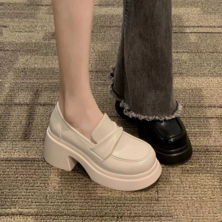 Platform Loafers, Leather High Loafers with Chunky Heel, French Retro Style, Sizes 35–40