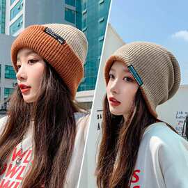 帽子女冬季双层加厚针织帽韩版跨境护耳双面带瘦脸堆堆毛线帽批发