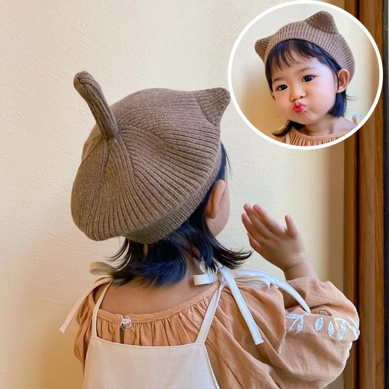 The crit of the moon Korean baby girl autumn and winter style beret with lined kitten tail and cute cat ears