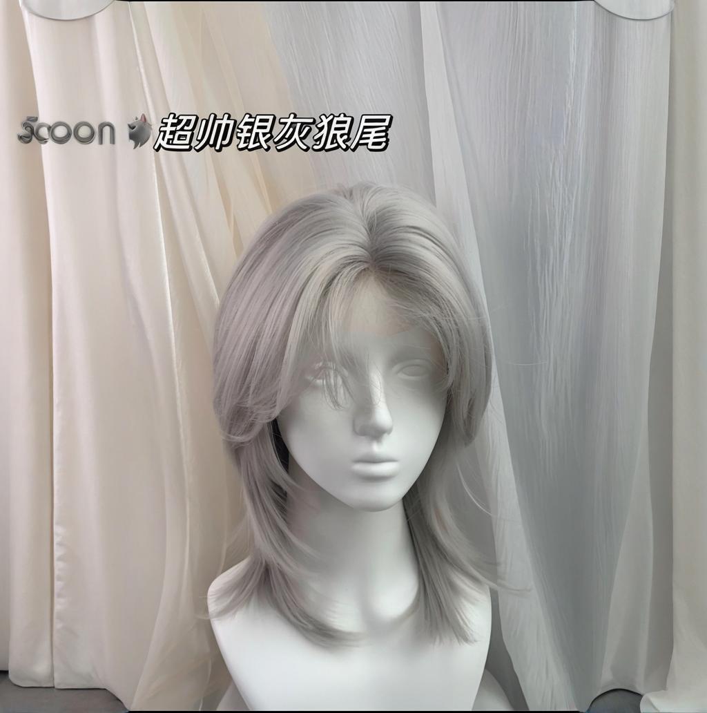 Silver gray mullet head 38cm about shoulder length