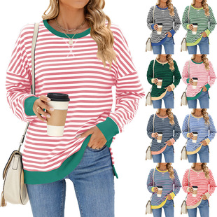 Amazon Europe and the United States cross-border foreign trade 2024 autumn and winter new color round neck split long sleeve loose striped sweater women