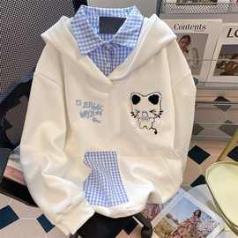女童可爱趣味小众字母日系连帽卫衣中大童春秋新款洋气假两件上衣