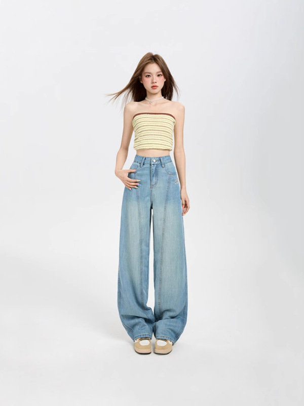 潮流百搭弯刀牛仔裤女2025夏季新款高腰宽松显瘦阔腿垂感拖地长裤|undefined