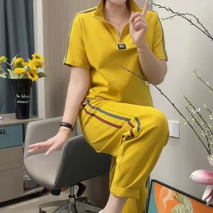 年轻妈妈品牌休闲运动套装女夏装2025新款时尚洋气立领短袖两件套|undefined