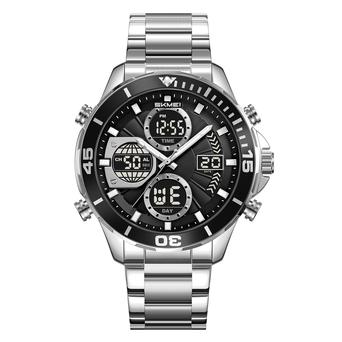Momento de belleza para hombres doble reloj 30 metros de acero impermeable reloj de pulsera de negocios reloj deportivo de luz nocturna multifuncional al por mayor
