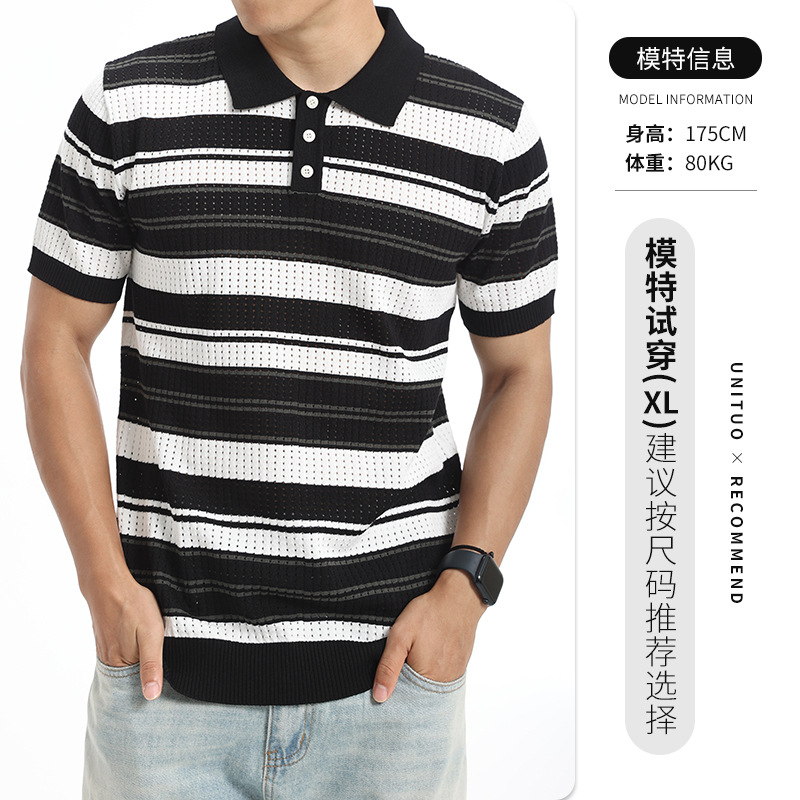 Polo de hielo de punto para hombres, rayas de contraste huecas transpirables, mangas cortas, ligeras, comerciales, casuales, alto nivel, Paul para hombres