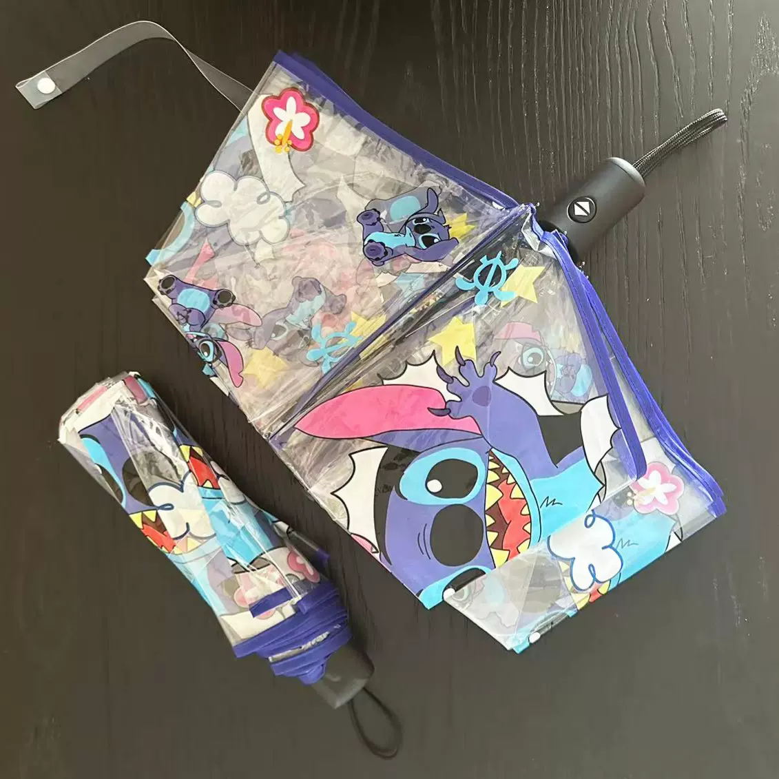 史迪仔全自动透明雨伞卡通动漫网红折叠三折伞遮阳黑胶学生男女伞