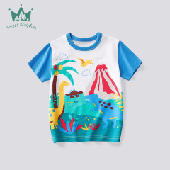 Children's Short-Sleeve T-Shirt Forestkingdom 2024 Summer New Arrival Boys' Medium and Small Children's Cartoon Print Top