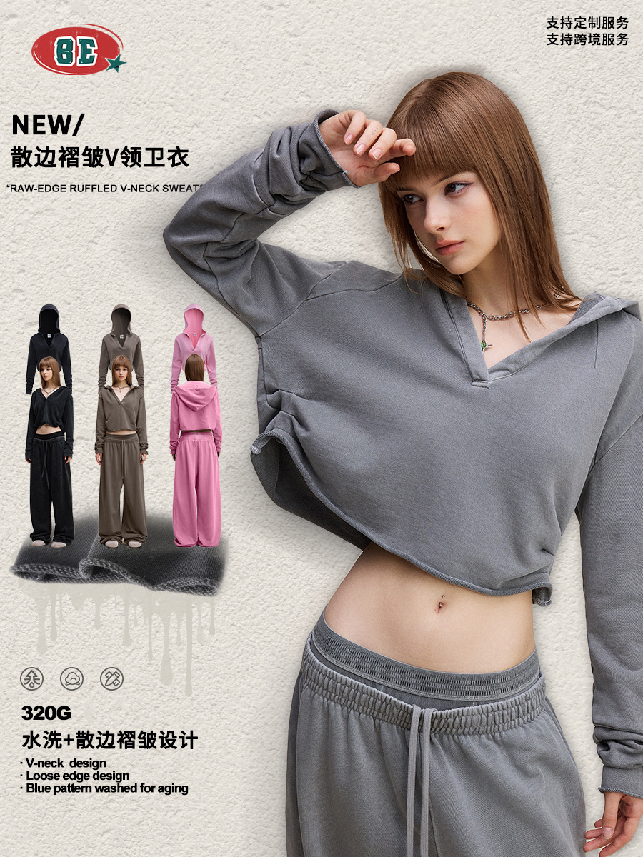 BE ropa de mujer de otoño de 2025 Europa y América vintage hottie chaqueta de cuello en V camiseta doblada corta con capuzas de manga larga chaqueta de mujer image 1