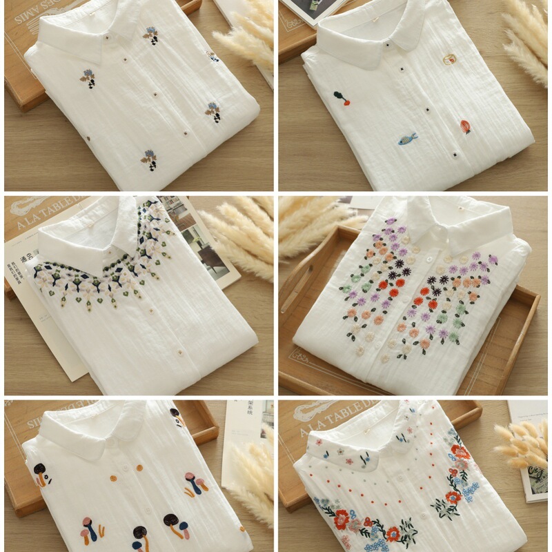 24 Years Autumn Shirt Long-sleeved Women's Loose Casual Korean Style Academic Style Embroidered Sweet Shirt Skin-friendly Double-layer Cotton Yarn