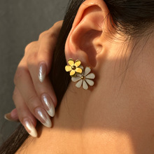 欧美复古钛钢锆石白色雏菊花朵女耳钉时尚简约小众设计耳饰女批发