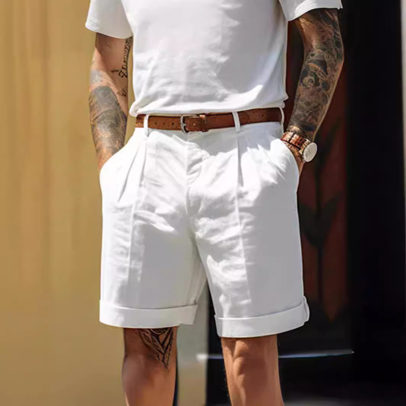 Men's Linen Shorts, Summer Shorts, Pleated Shorts with Pockets, Straight-Leg, Plain, Comfortable, Breathable Shorts