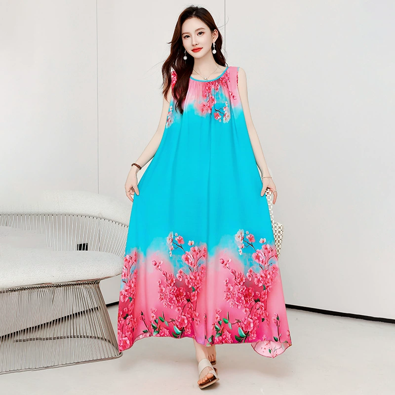 Летняя хлопчатобумажная шелковая ночная рубашка для женщин 2025 года, новая, свободного кроя, без рукавов, для женщин среднего и пожилого возраста.