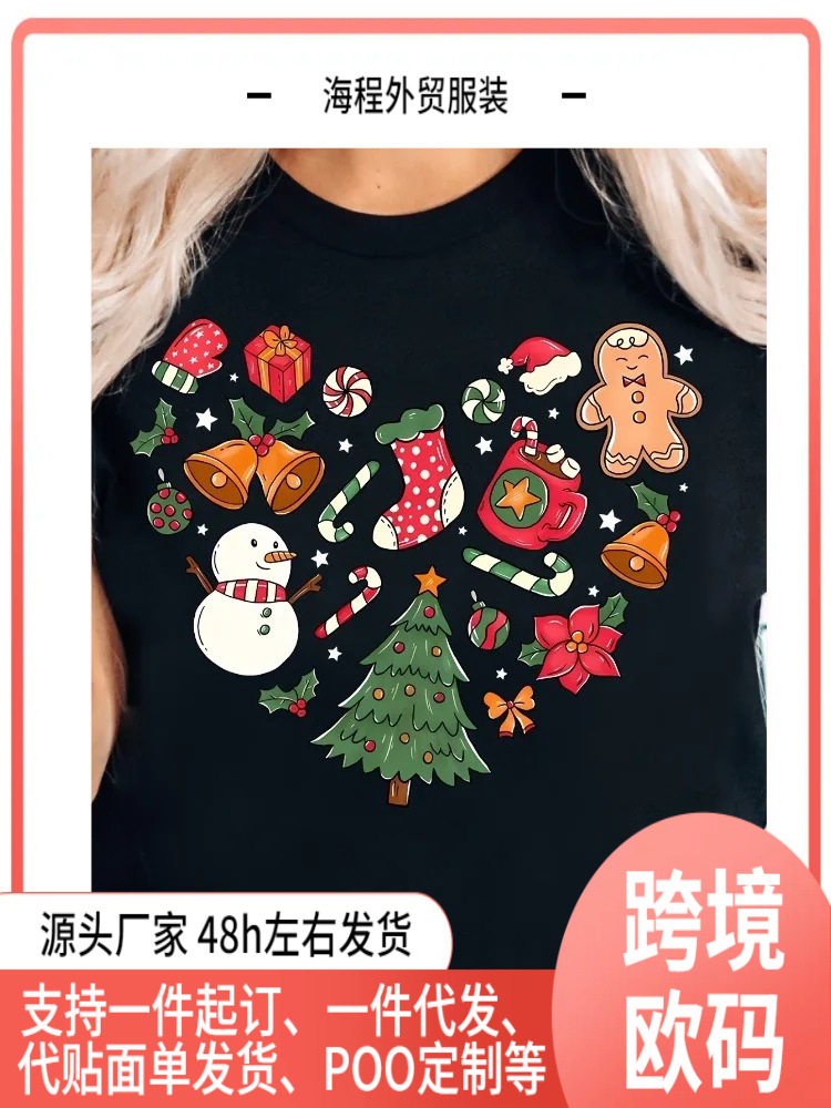 圣诞心印花t恤节日设计特色姜饼妇女糖果手杖和雪花软船员领休闲