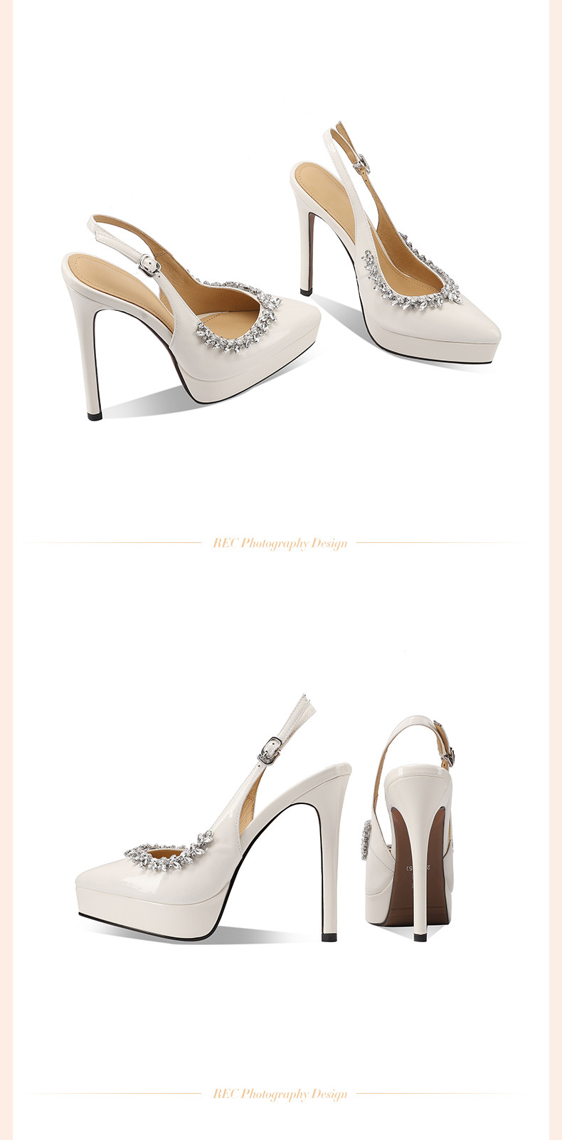 Sandal cao gót nữ mũi nhọn quai một chữ đính pha lê, gót 14 cm, đế platform — Đen 14cm chi tiết 7