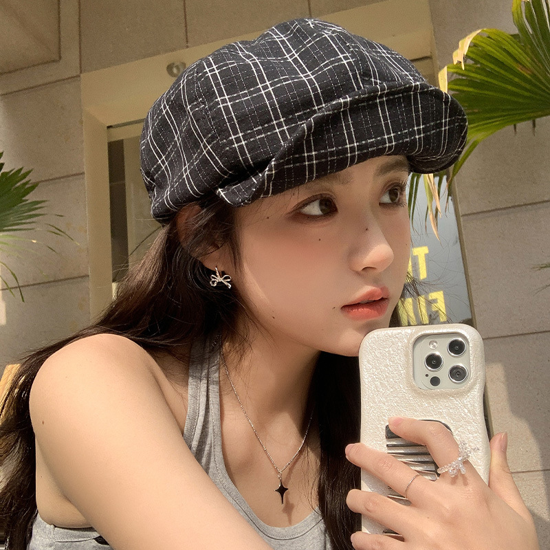 韓国チェック柄ベレー帽女性の 2025 新作春帽子ひさしキャップ顔見せ小さな八角形帽子ペインターハット薄型スタイル|undefined