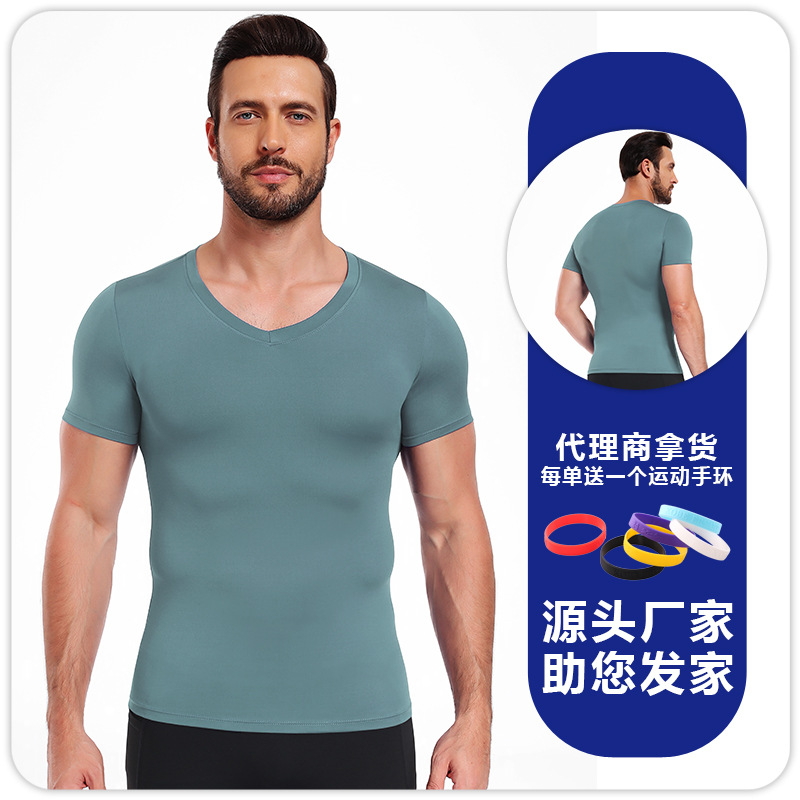Hombres camiseta de cuello en V ajustado de color sólido de alto elástico camiseta deportiva de base rápida secado transpirable acondicionamiento físico correr baloncesto mangas cortas